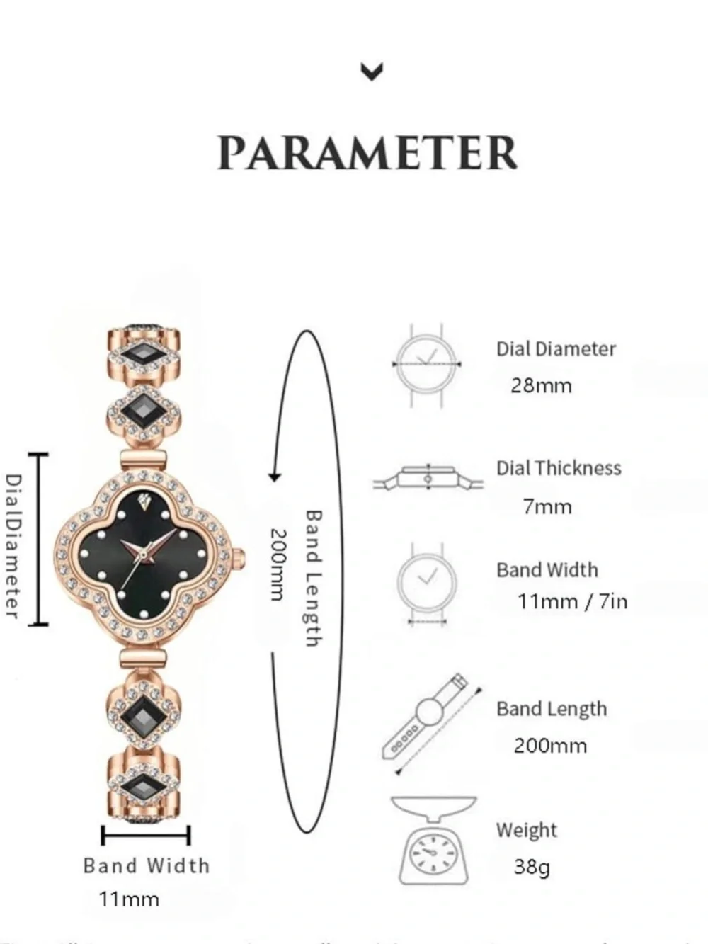 Watch-Black 4 Leaf Clover Rose Gold Watches, Diamond like Bracelet Slim Watch